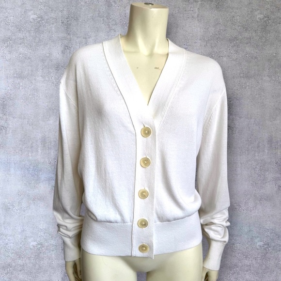 J. CREW bright white Summer v-neck cardigan cotton viscose women’s size large - Picture 1 of 10